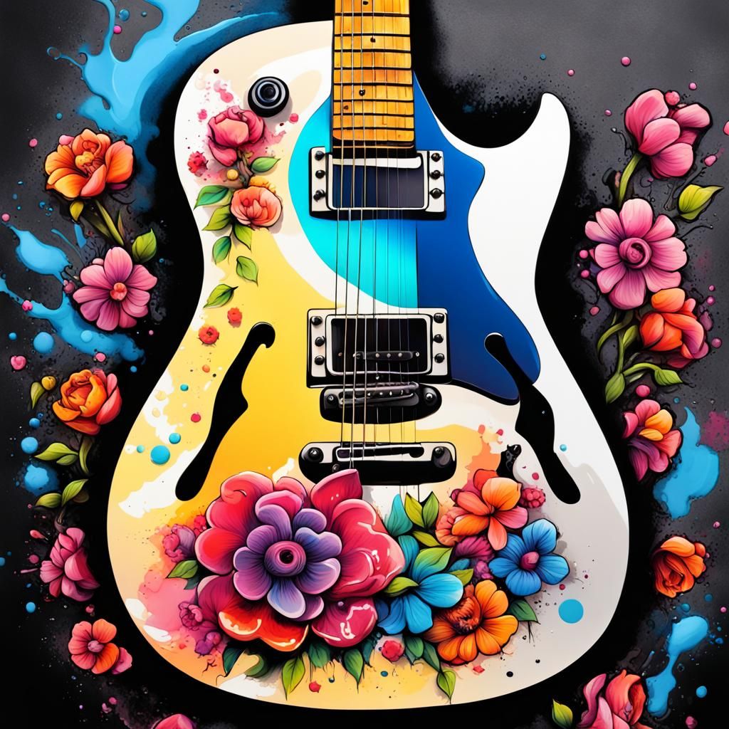 Floral Guitar in Graffiti Street Art Style