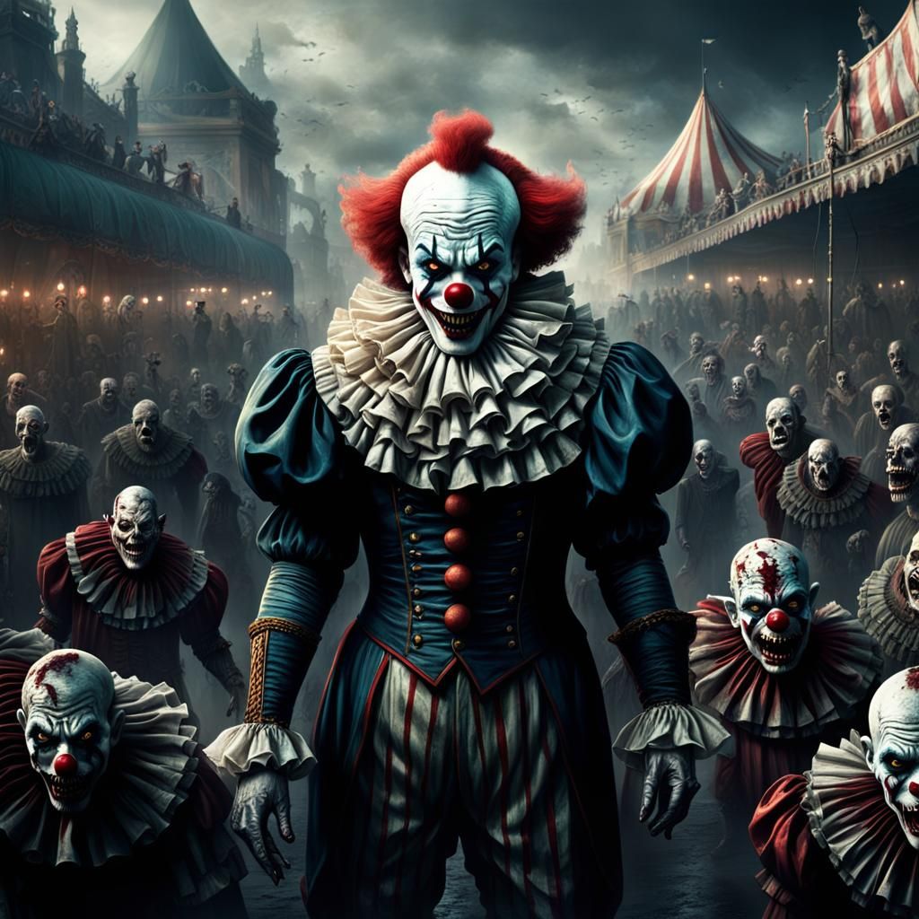 Killer Clown in Dark Circus with Zombies