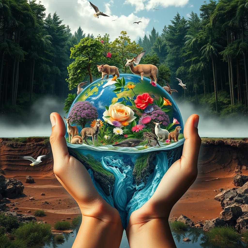 Surreal Earth Held in Hands: a Double Exposure