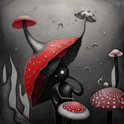 Surreal Etching of Winged Caterpillar on Celestial Mushroom