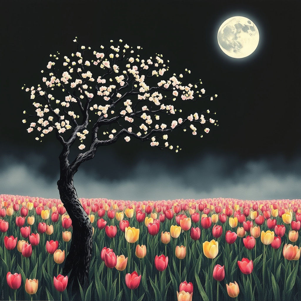 Moonlit Plum Tree in Surreal Dreamscape