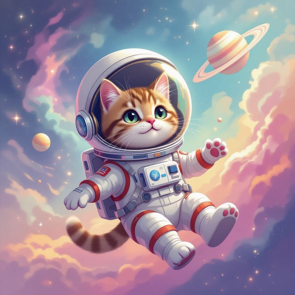 Astronaut Cat Floats in Pastel Nebula