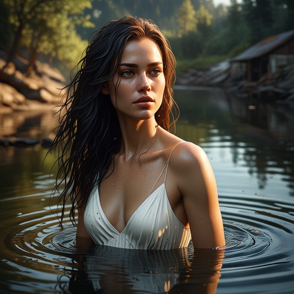 Sensual Woman Emerges from a Lake in a Haunting Realism Styl...
