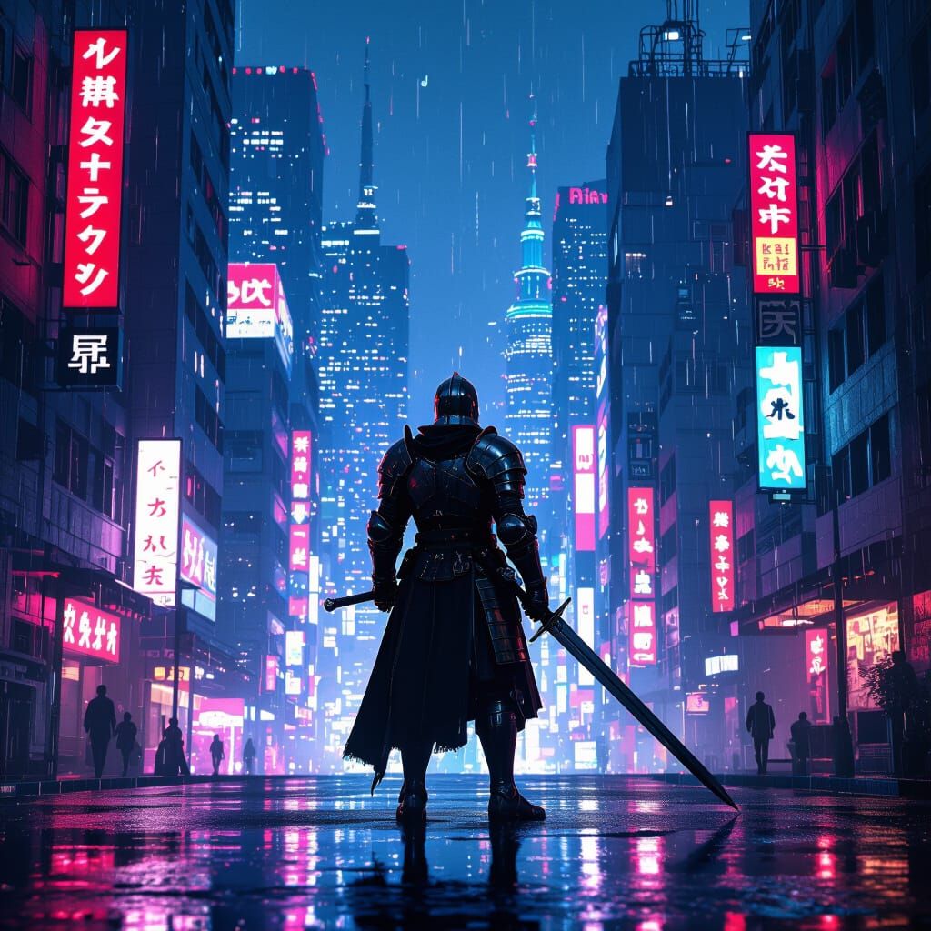 Knight in Neo-Tokyo: A Cyberpunk Silhouette