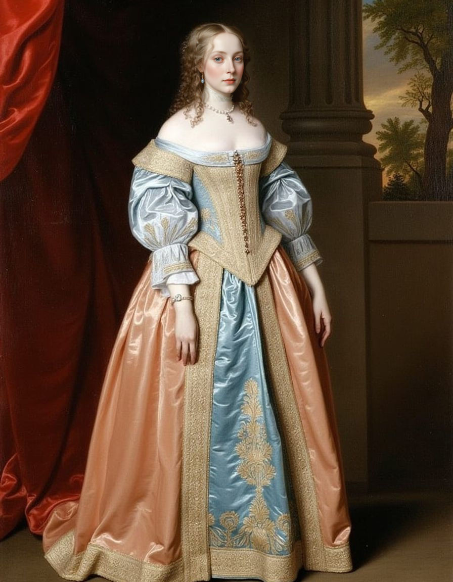 Elegant 17th Century Lady in Embroidered Gown
