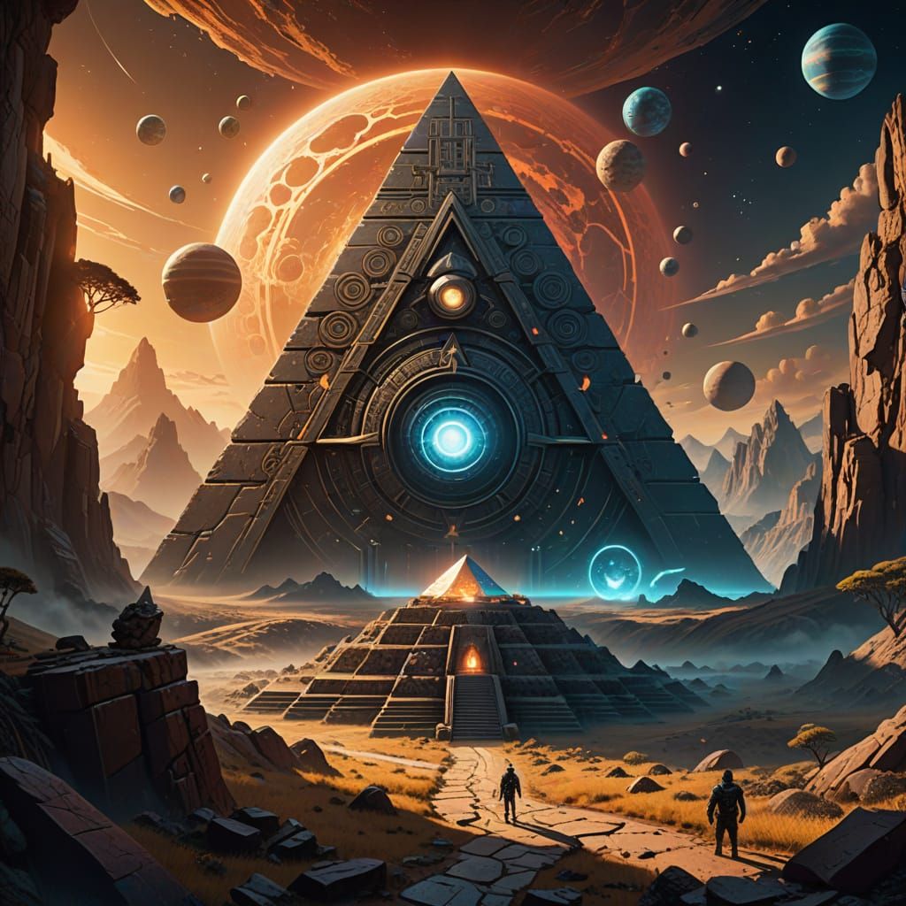 Cosmic Alien Landscape with Stone Hands Holding Pyramid