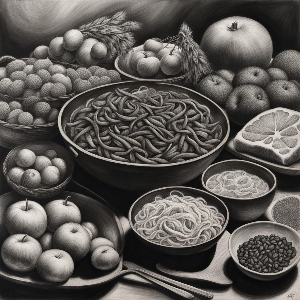 Hyperdetailed Charcoal Drawing of Food