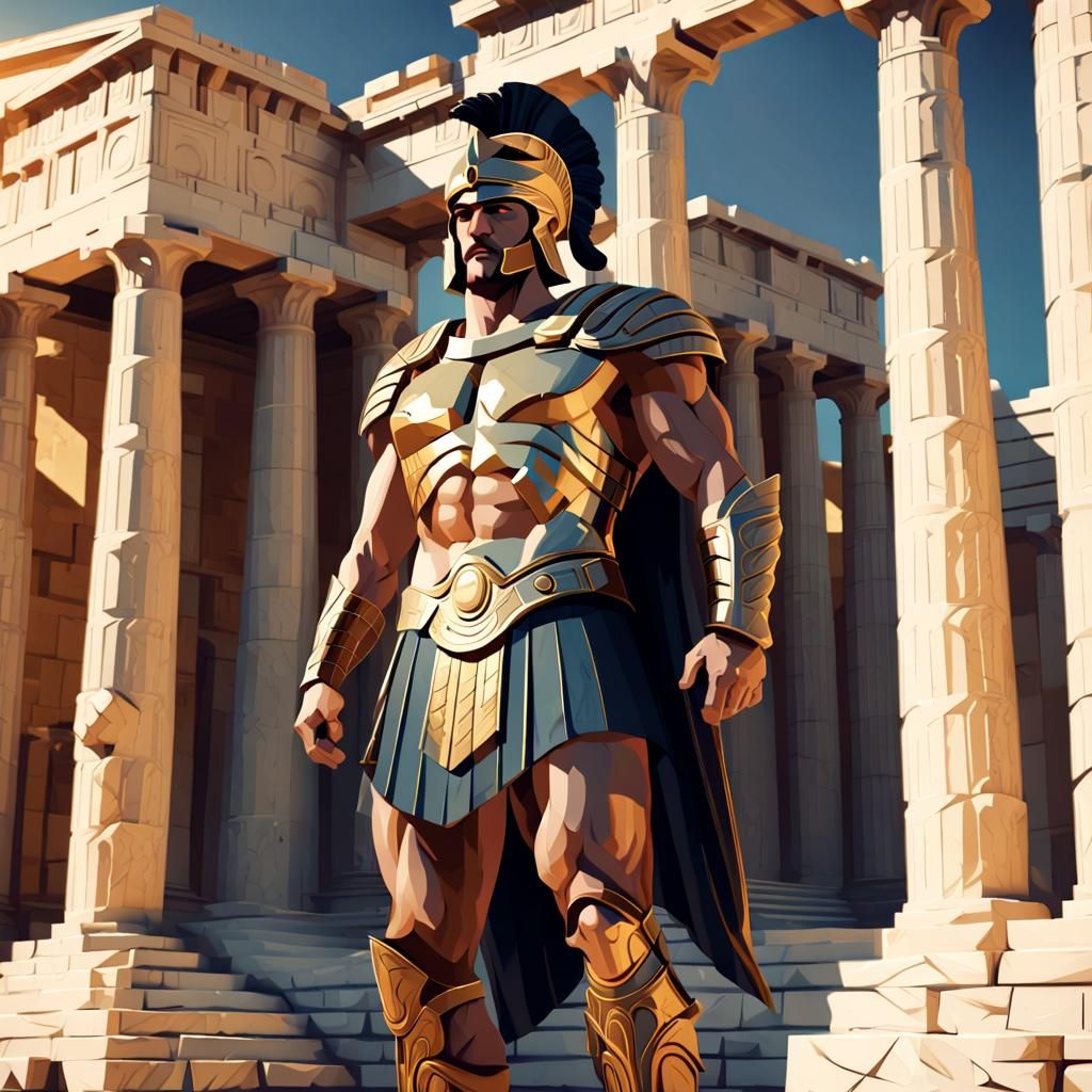 Greek Warrior in Ancient Temple: Low Poly Art