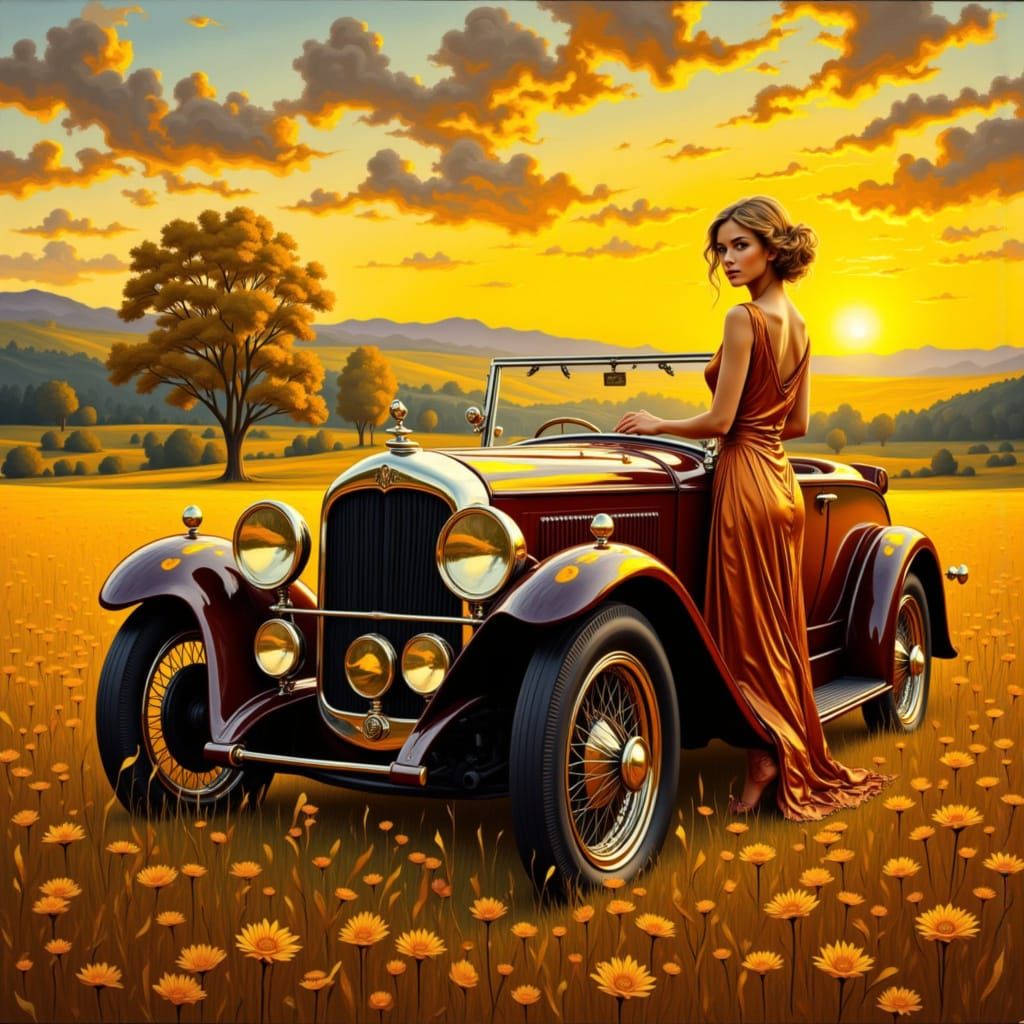 <lora:Fantaisie portrait:1.0> Une belle femme BLONDE de face yeux verts sur une  à côté d'une voiture vintage des années...