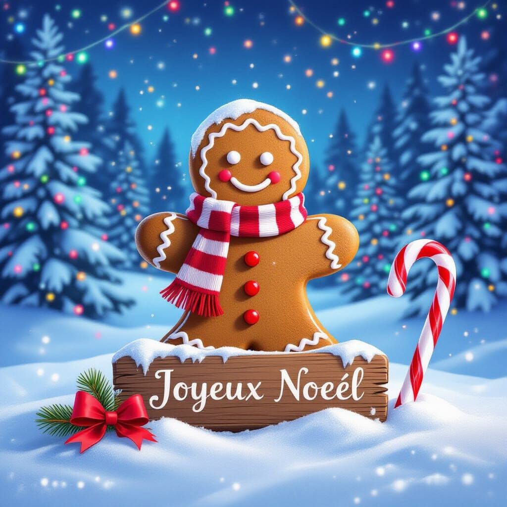 Gingerbread Man in Snowy Landscape with Garland Glow