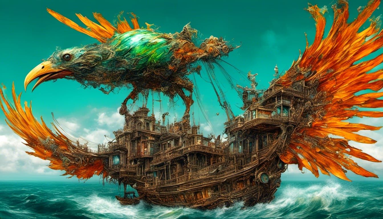 Mechanical Wooden Bird's Flight Over Emerald Sea