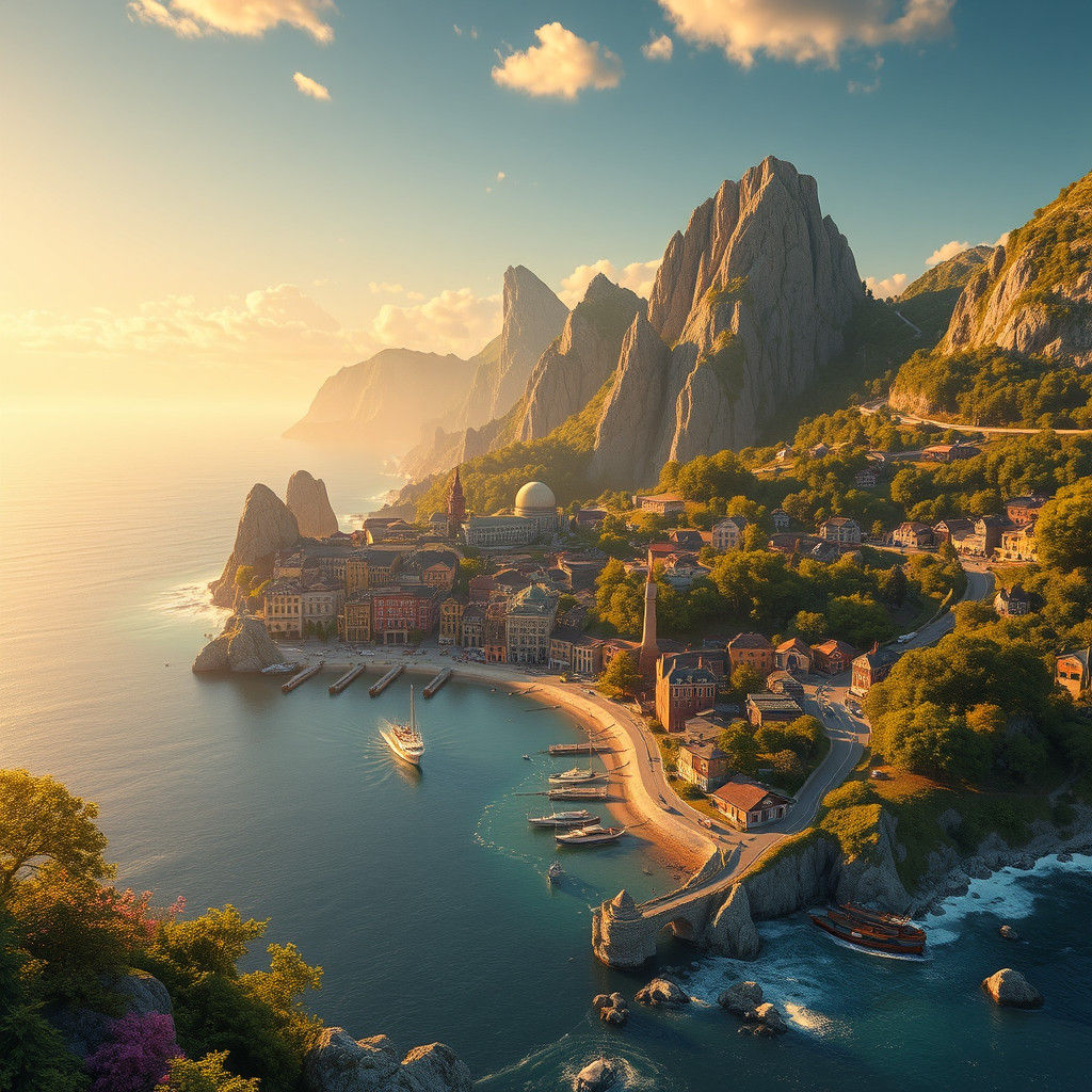 Golden Seaside Town: Atmospheric Digital Art