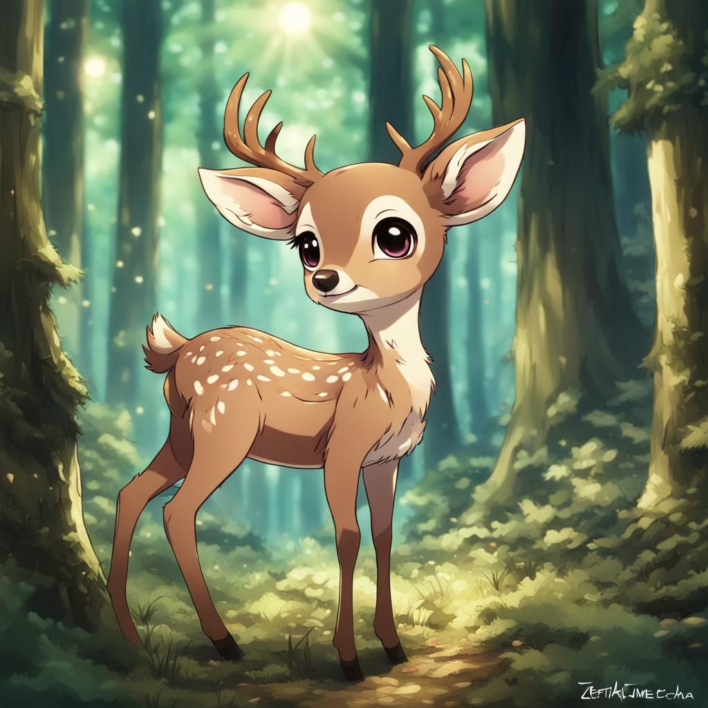 Baby Deer in Forest, Anime Art