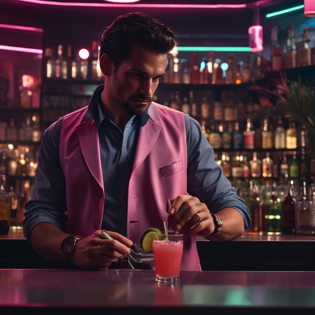 Miami Nightclub: Man in Pink Drinking Mojito, Neon-Noir Styl...