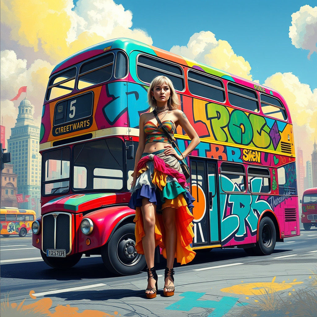 Whimsical Bus Driver in Dreamlike Cityscape