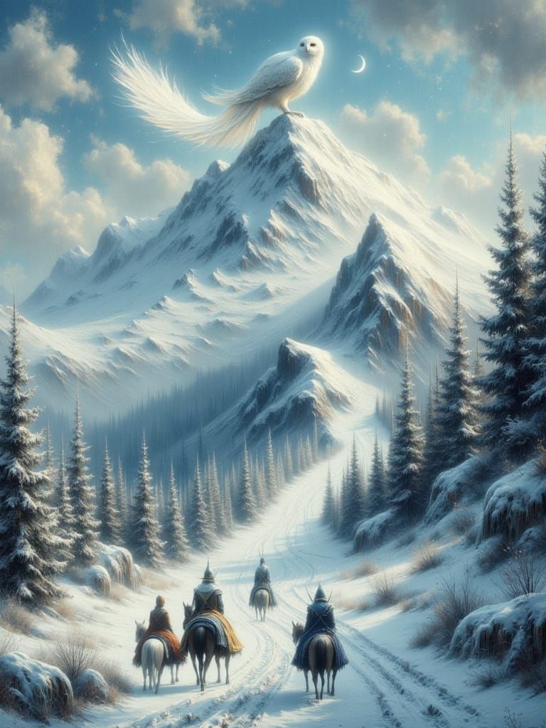 Giant Owl on Snowy Mountain with Knights on Horseback