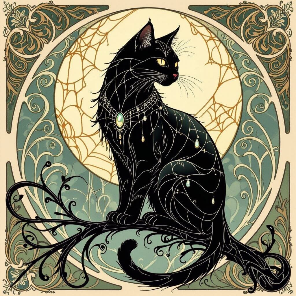 Art Nouveau Spiderweb Cat on Moonlit Branch