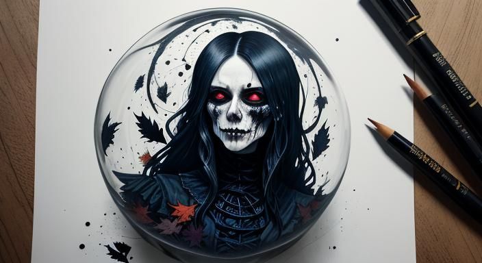 Halloween Ghoul in Glass Sphere: Ink Splatter Art
