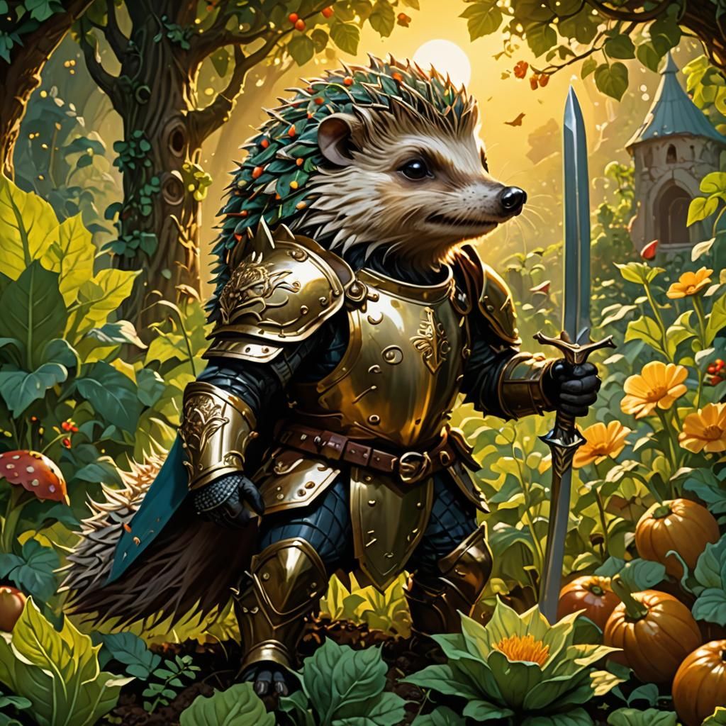 Hedgehog Knight's Epic Garden Battle: Frazetta-Inspired Illu...