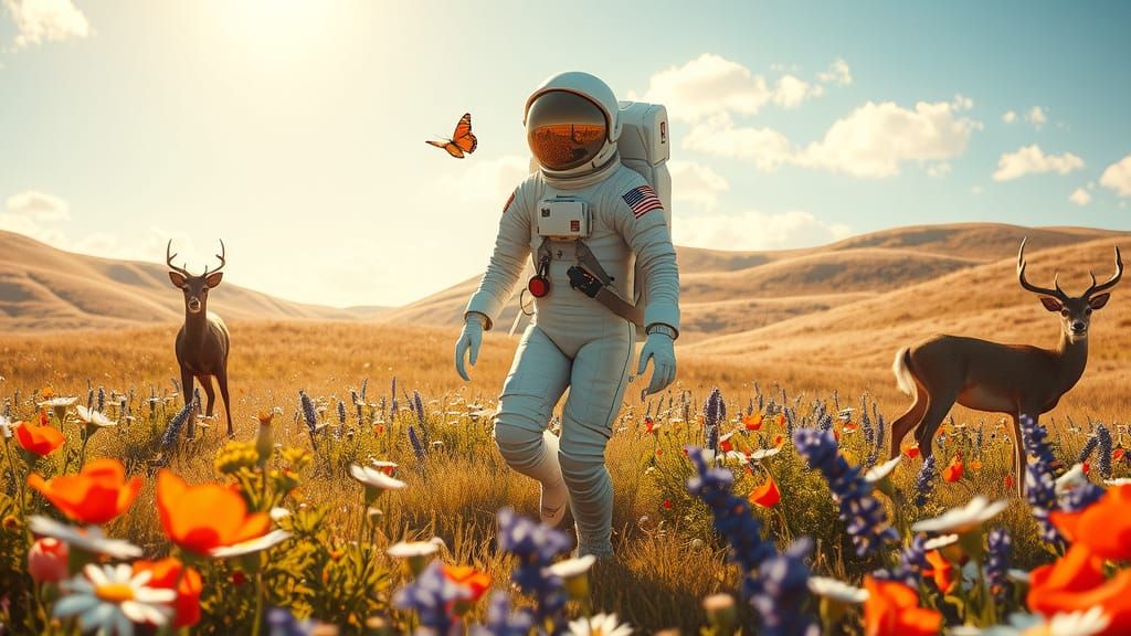 Astronaut Explores Vibrant Wildflower Meadow