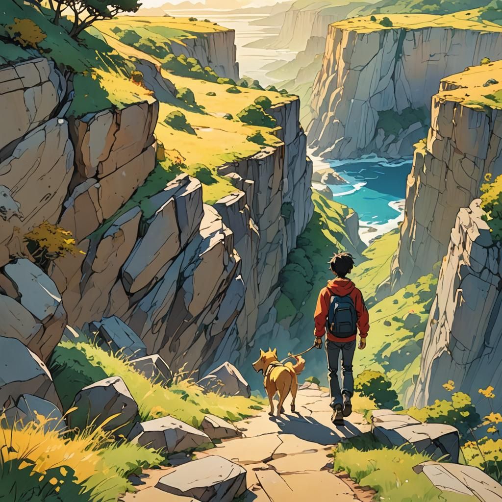 Vibrant Anime Landscape of Boy Walking Dog