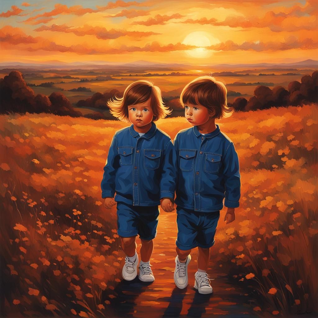 Twins Silhouetted in Beautiful Sunset Landscape