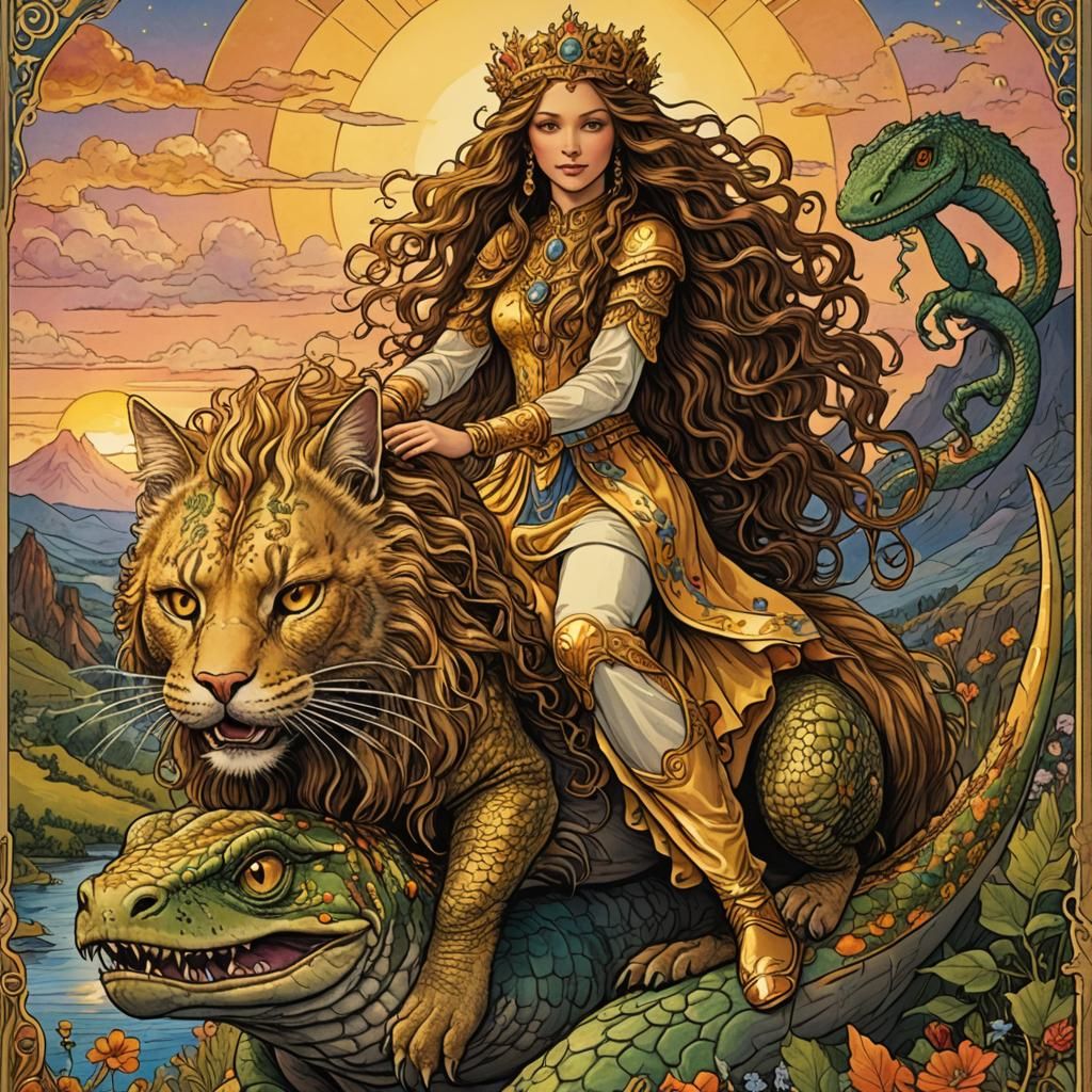 Fantasy Tarot Card: Princess on Lizard Cat
