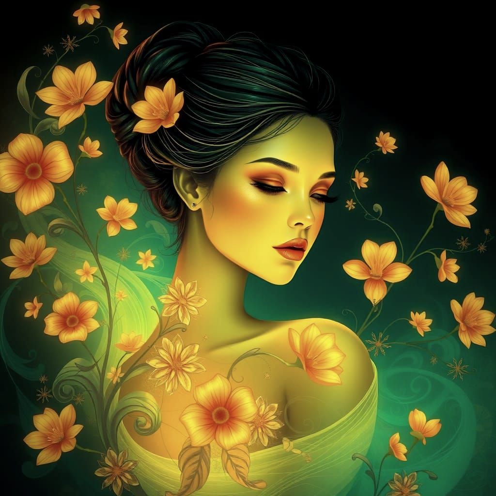 Ethereal Luminous Figure Merging With Flowers