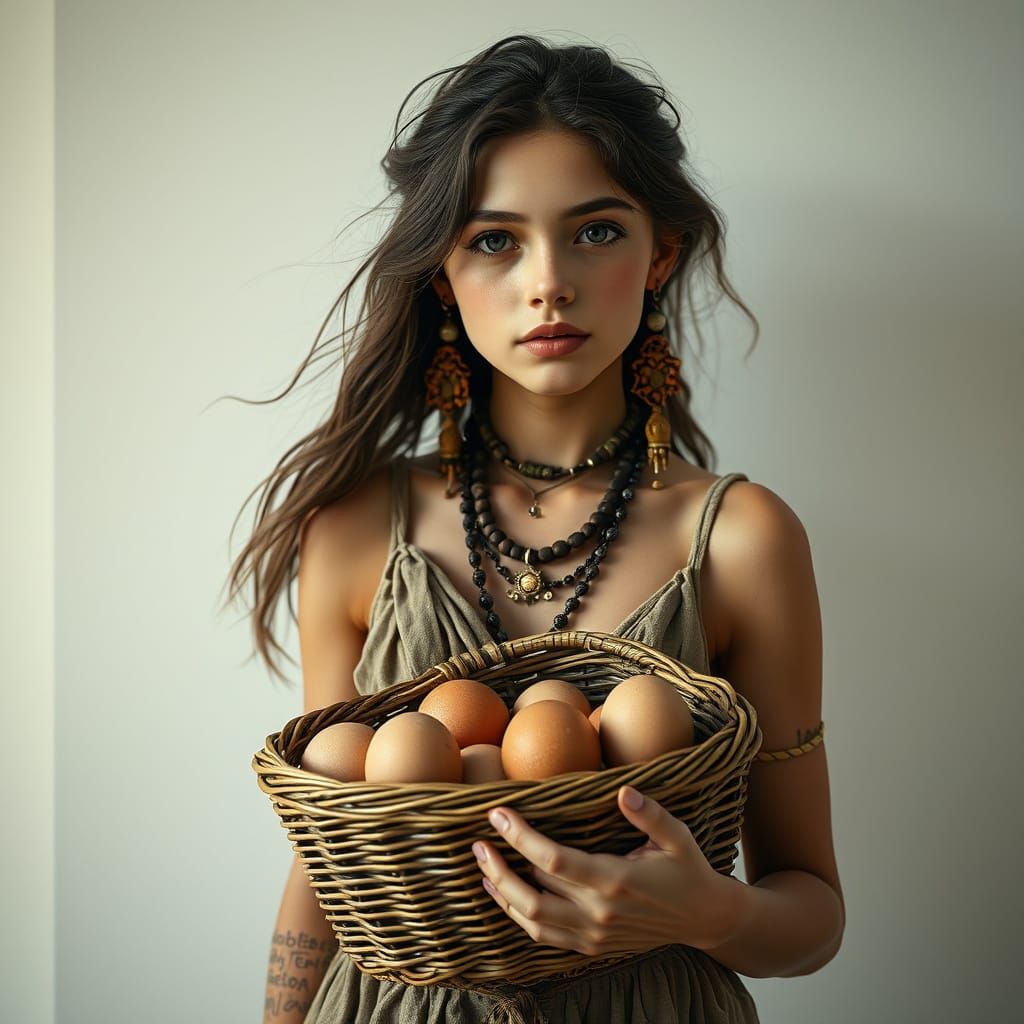 Wild Bohemian Girl with Wicker Basket of Eggs in Dreamlike L...