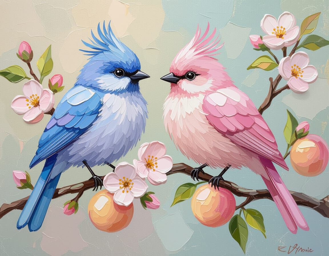 Pastel Birds on Blossoming Branch: Impasto Painting