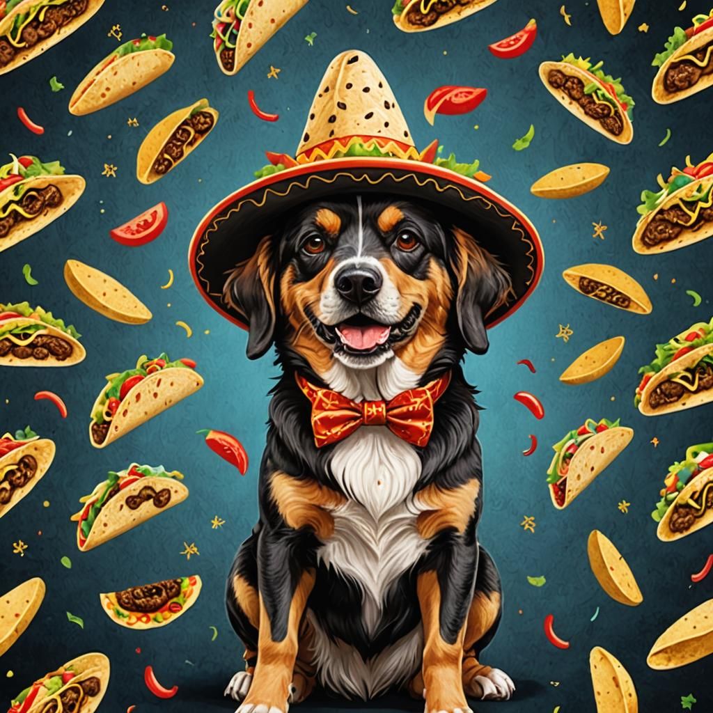 Cerbius dog with hat and a taco