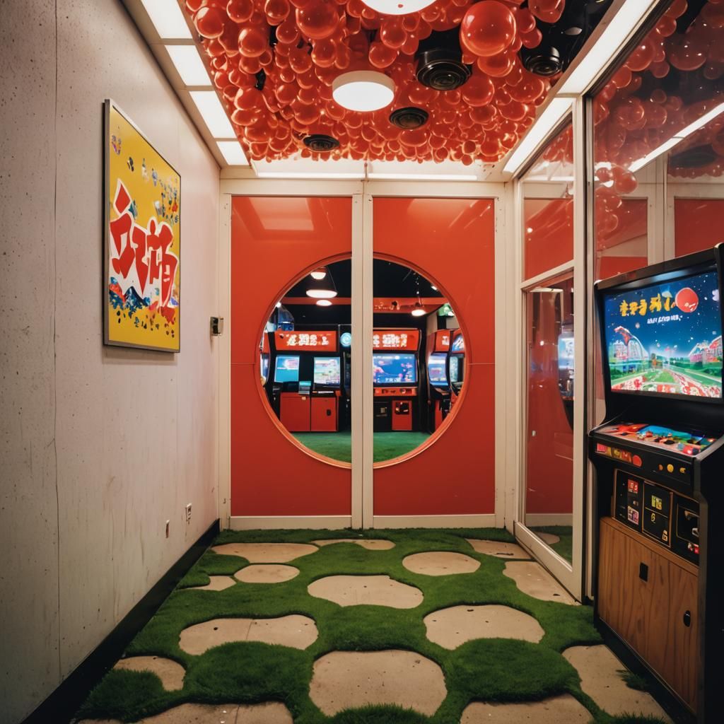 Eerie Japanese Arcades with Roses in Dreamcore Style