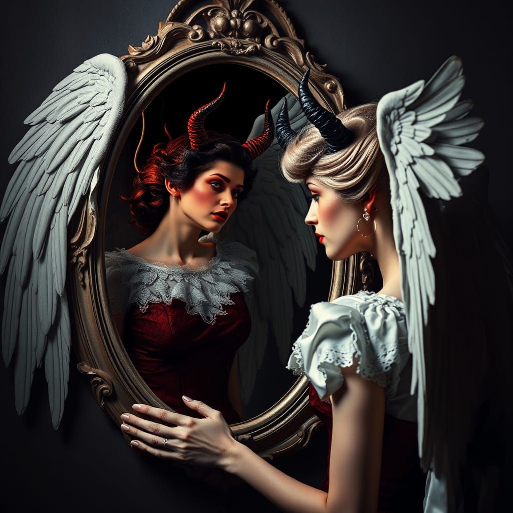 Angelic Woman and Devil Reflection in Noir Style