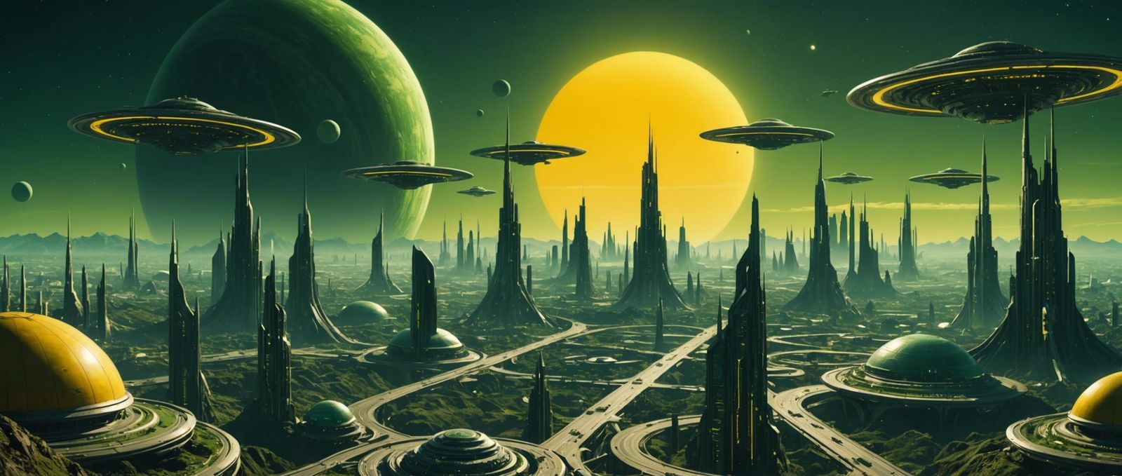 An alien city with a lot of air traffic of a wide variety on a ringed planet with a dark green sky and a bright yellow-g...