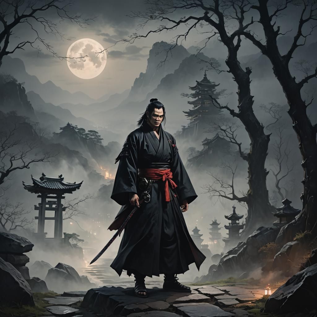Vampire Samurai on Misty Path in Gothic Oil Painting Style
