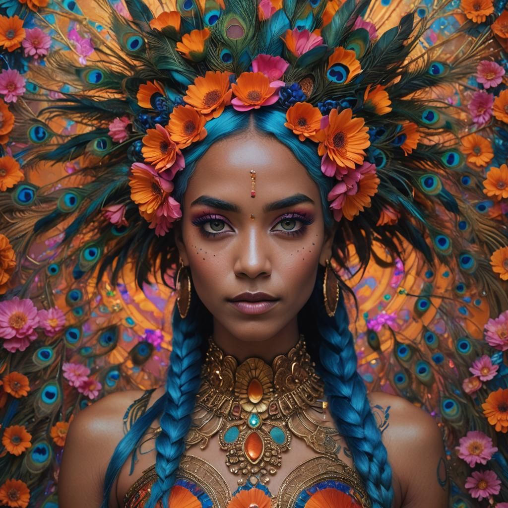 Woman with Blue Hair and Peacock Feathers, Oil Painting Styl...