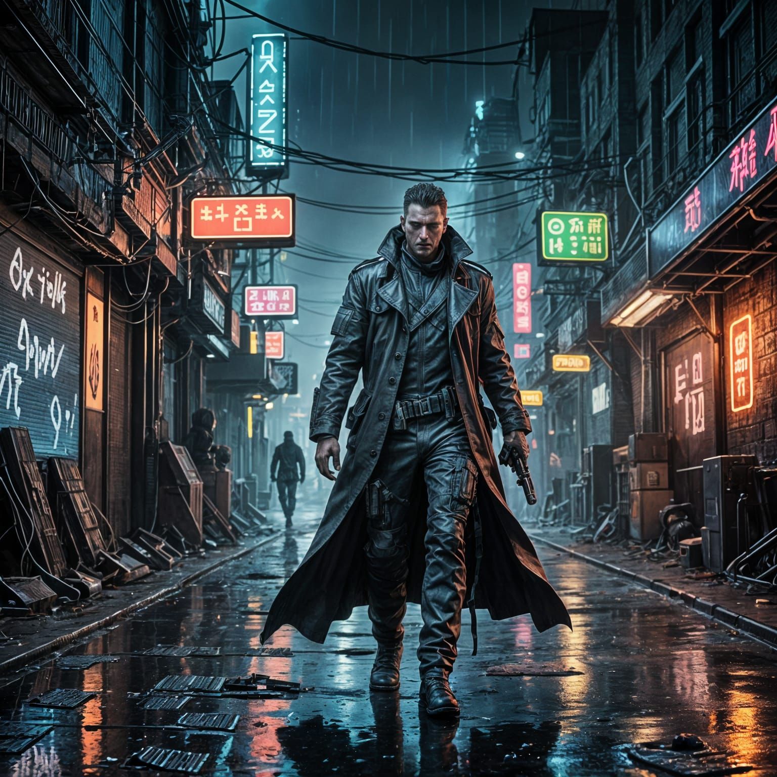 Middle-Aged Man in Futuristic Black Trenchcoat Holding Elect...