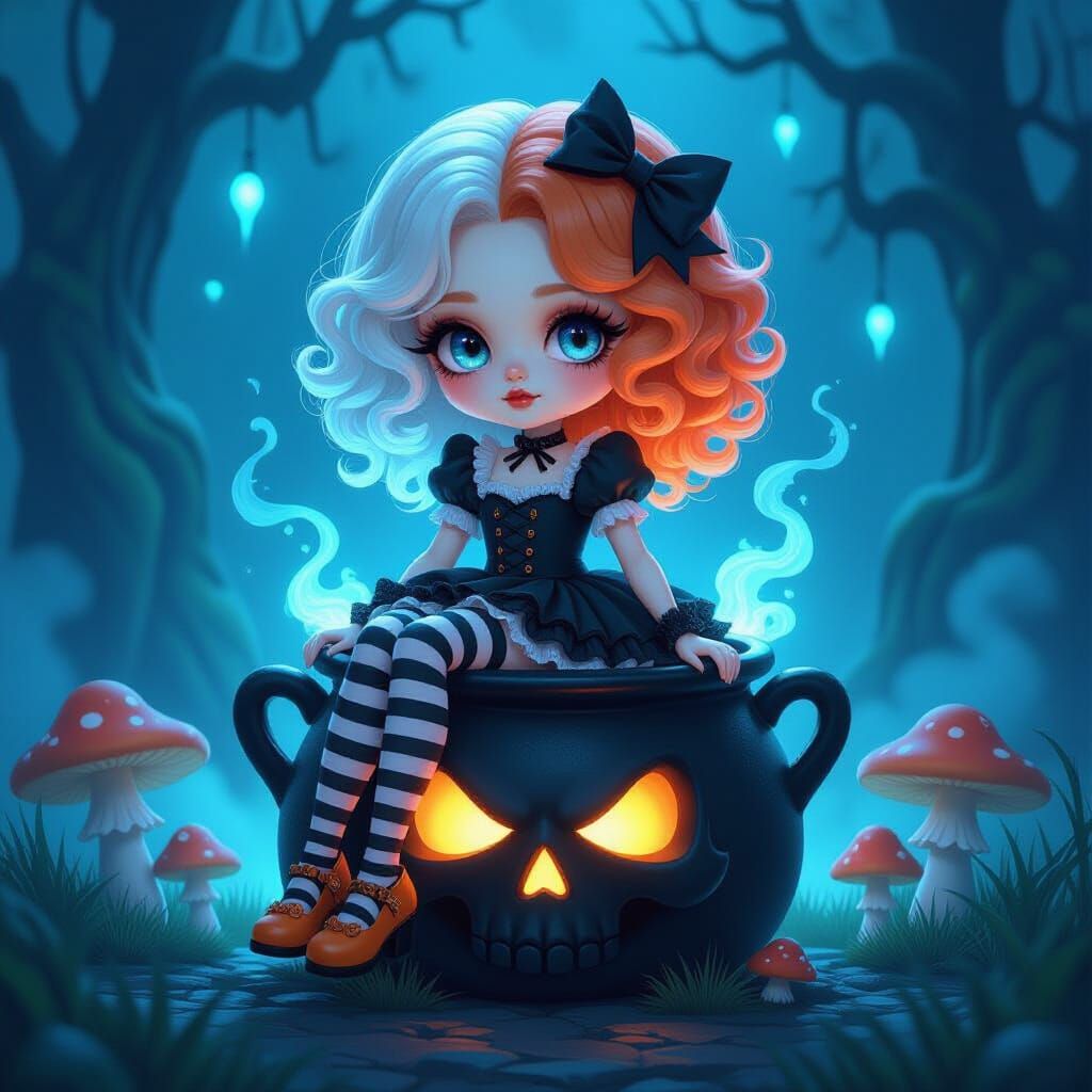 Gothic-Cute Chibi Doll Girl on Skull Cauldron