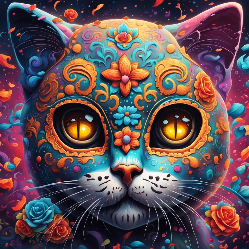 Cute Cat Sugar Skull, Día de Muertos Graffiti Art