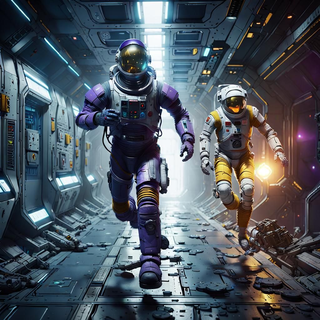 Robot Pursues Astronaut in Space Station, Dark Fantasy Art