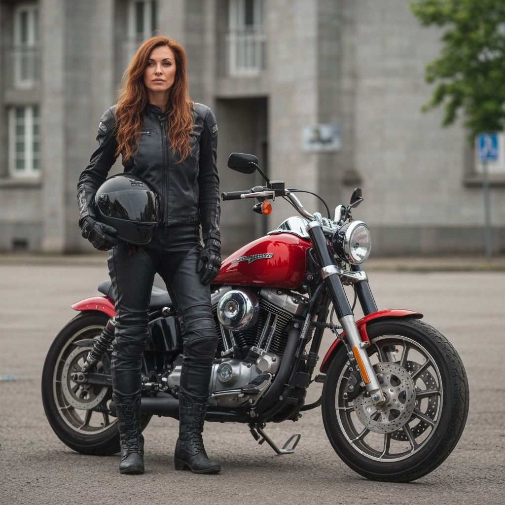 Standing in front of a red Harley-Davidson, a well-built wom...