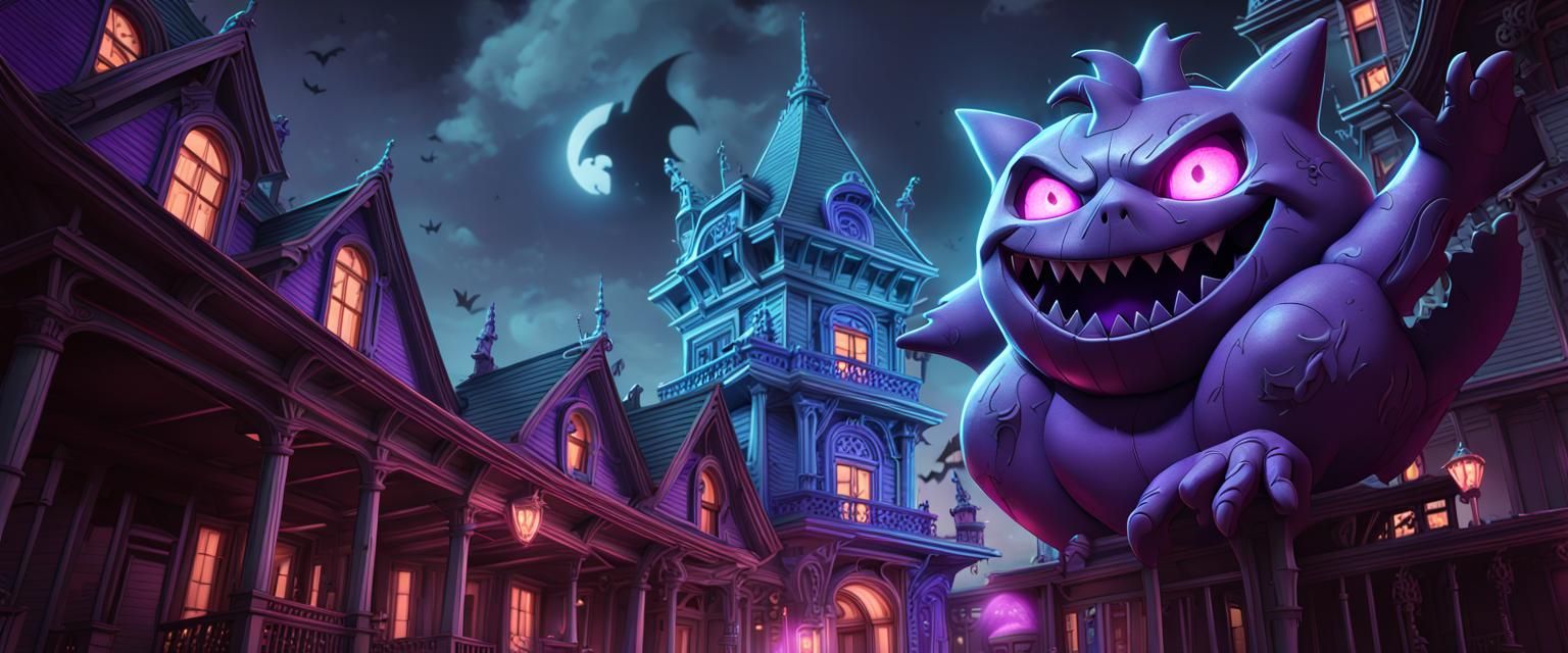 Gengar and Haunted House in Art Nouveau Style