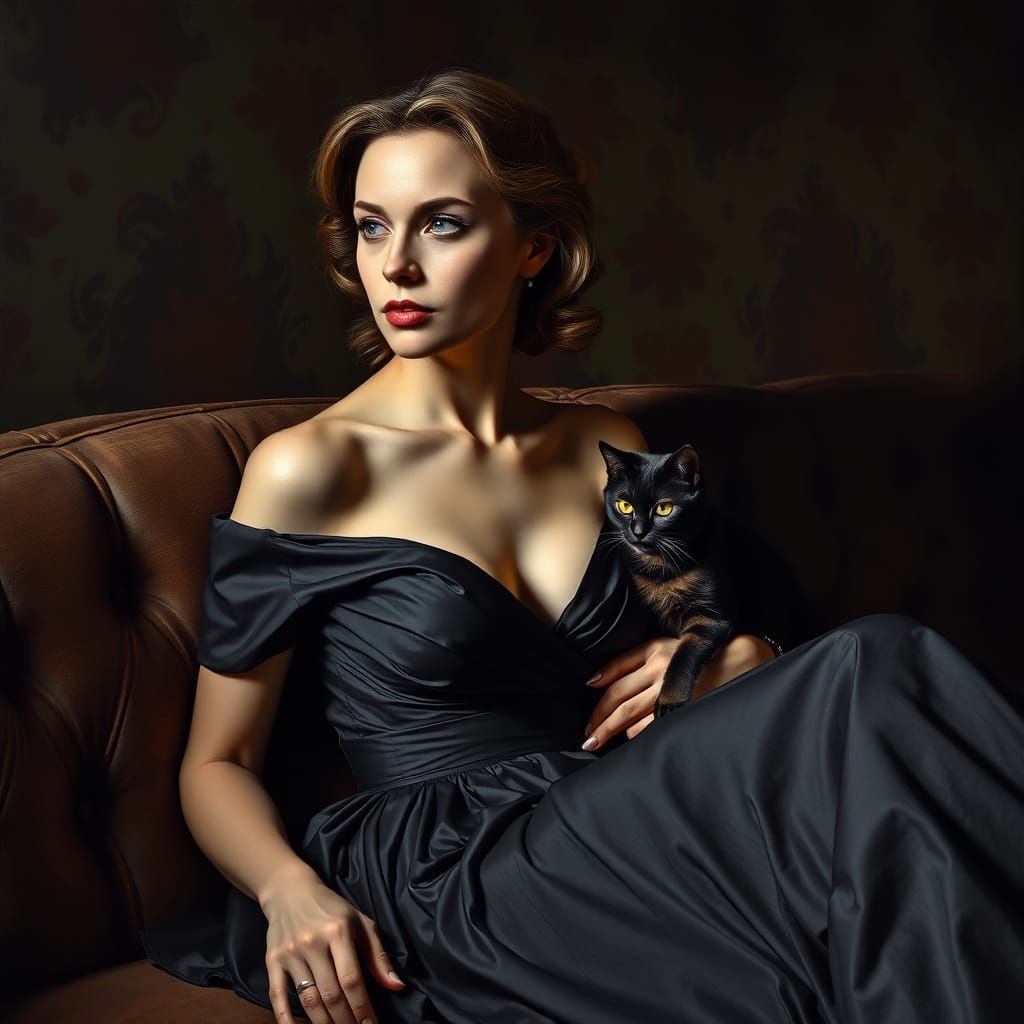 Woman in Chiaroscuro Style, Deep V-Neckline, and Cat