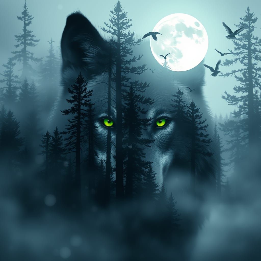 Wolf Emerges from Mystical Pine Forest in Ethereal Double Ex...