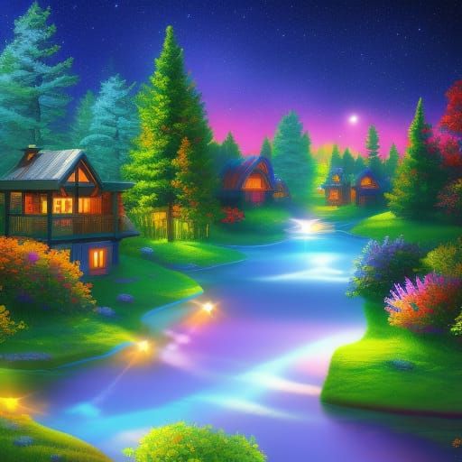 Glowing Fairy Town Photoillustration in Synthwave Style