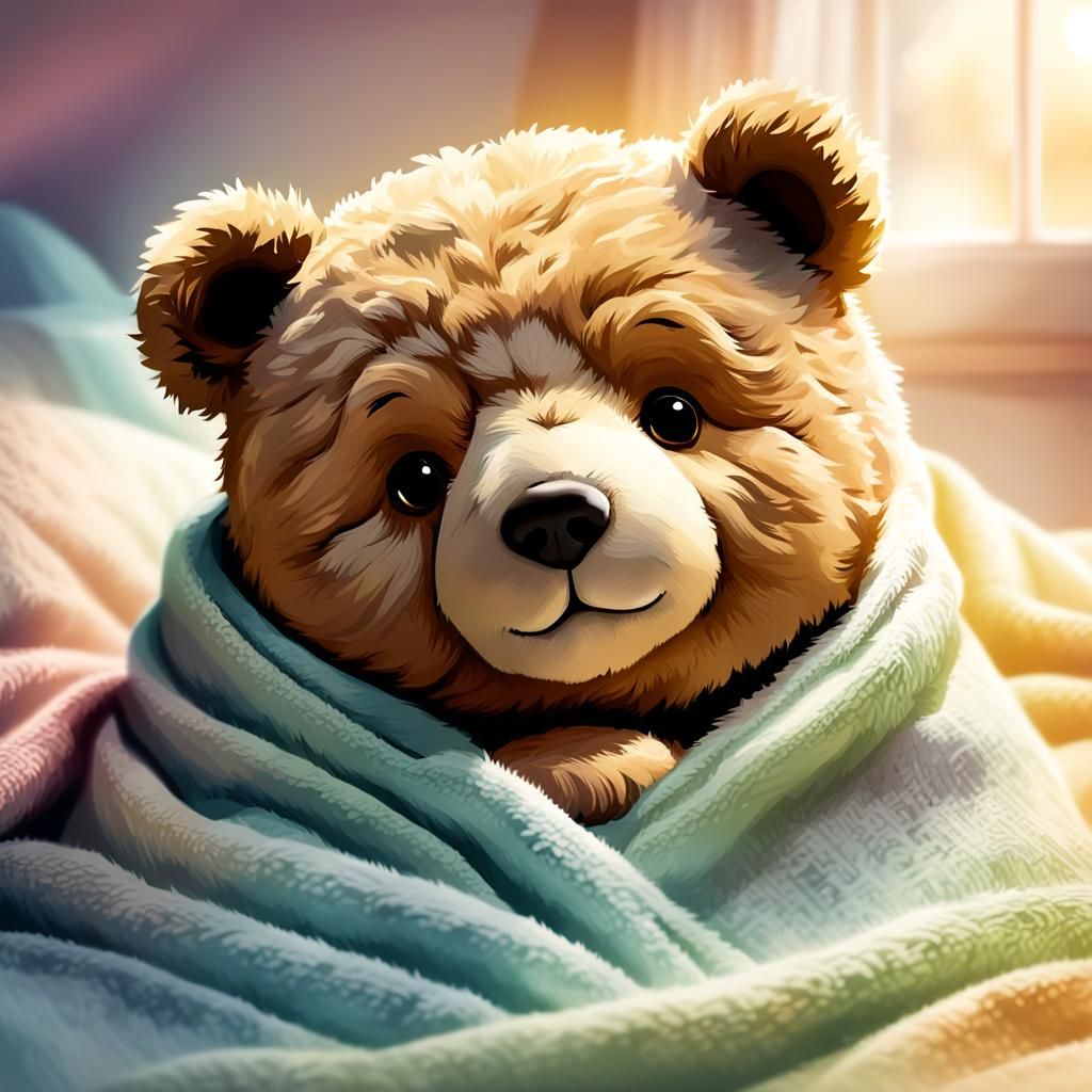 teddy bear tucked in bed