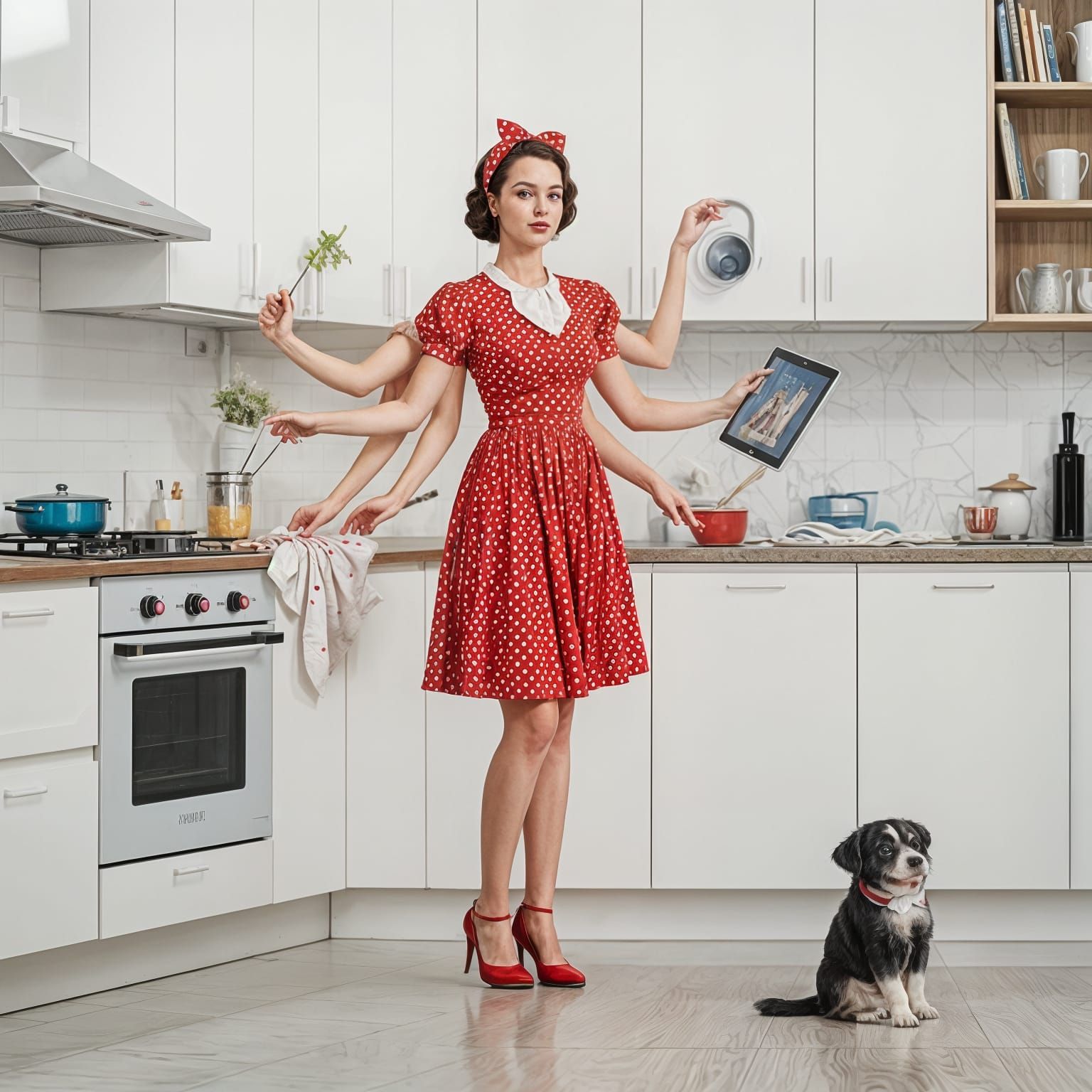 Multitasking Woman in Retro-Modern Kitchen