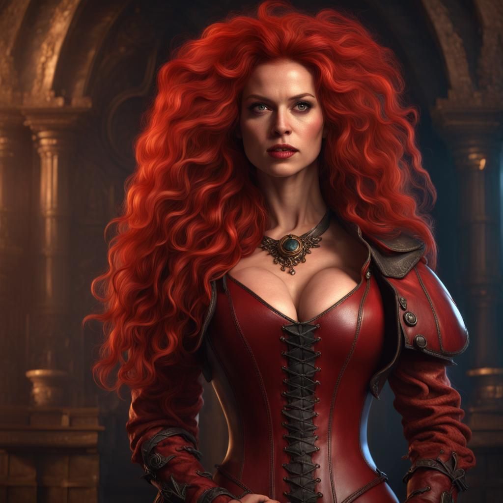 Red-Haired Woman in Leather Gown, Detailed Digital Art