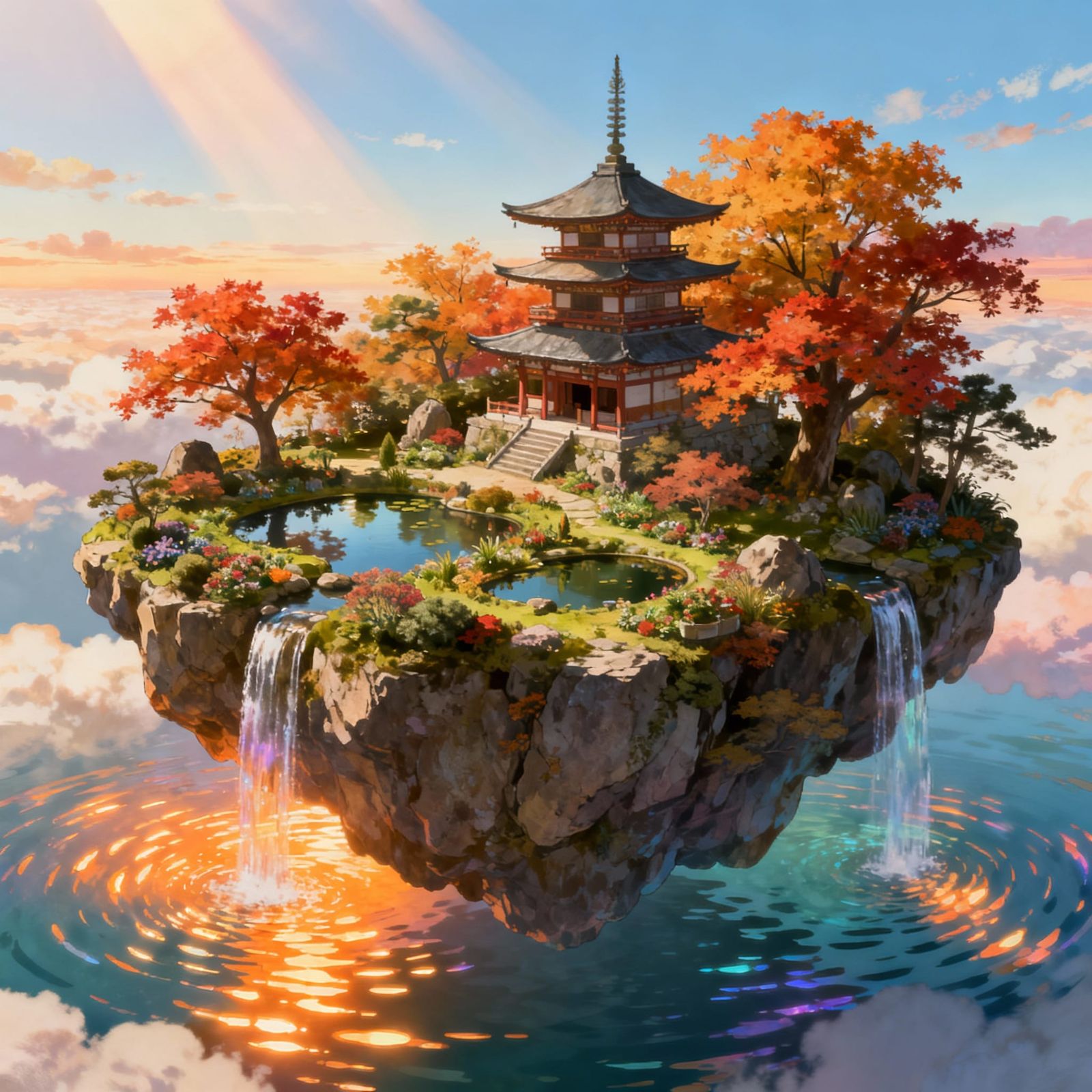 Floating Island with Japanese Temple in Autumn Style