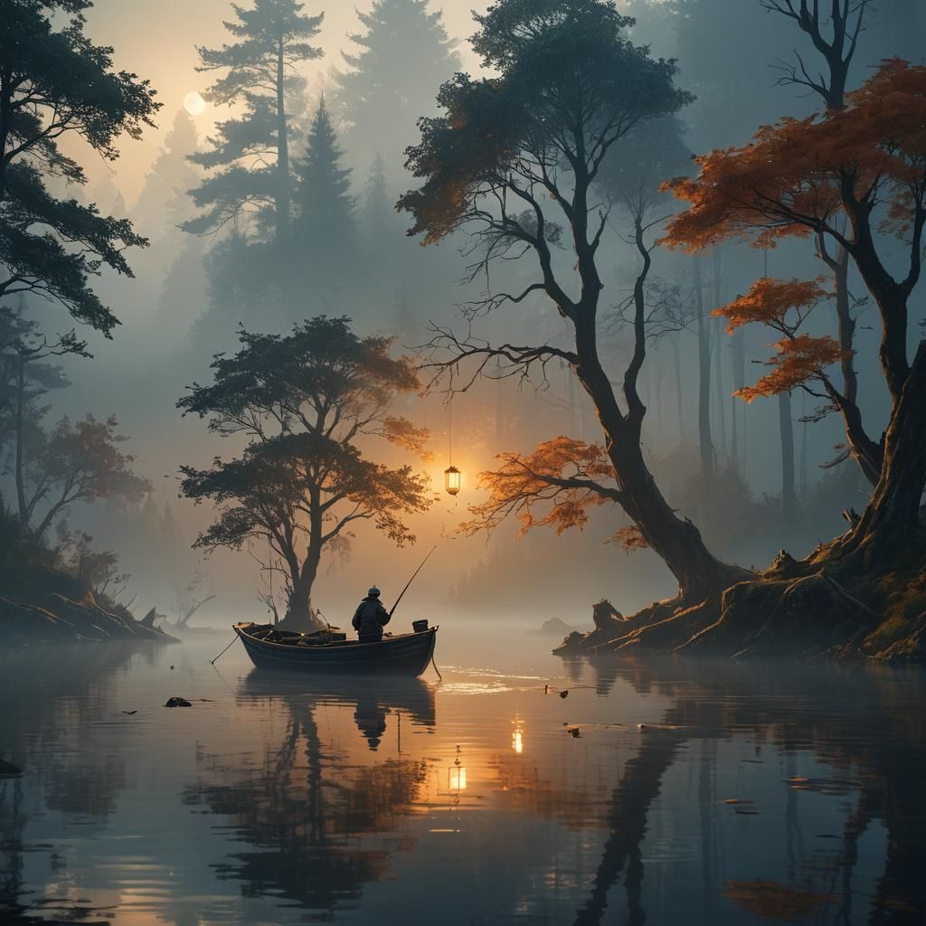 Mystical Fisherman on Misty Lake: Fantasy Concept Art